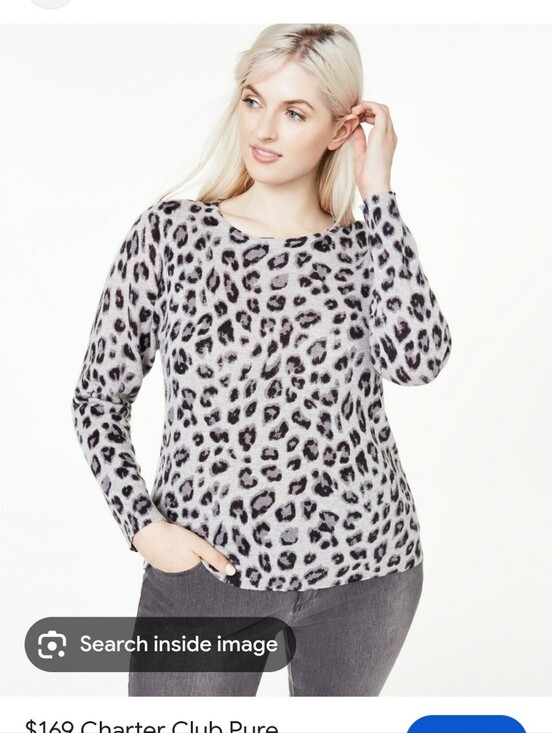 Charter Club Sweaters - Charter Club Light Taupe & Black Leopard Crewneck 100% Cashmere Sweater Size M